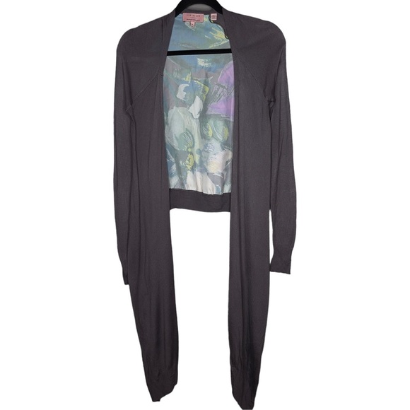 Ted Baker Floral Back Long Sleeve Taupe Brown Waterfall Open Cardigan Size 0 - Picture 1 of 7